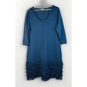 Soft Surroundings Women's XL Teal Acrylic Wool Blend Fringe Knit Sweater Dress